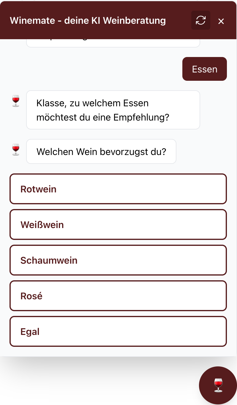 Winemate Chat Interface - Auswahl der Empfehlungsart